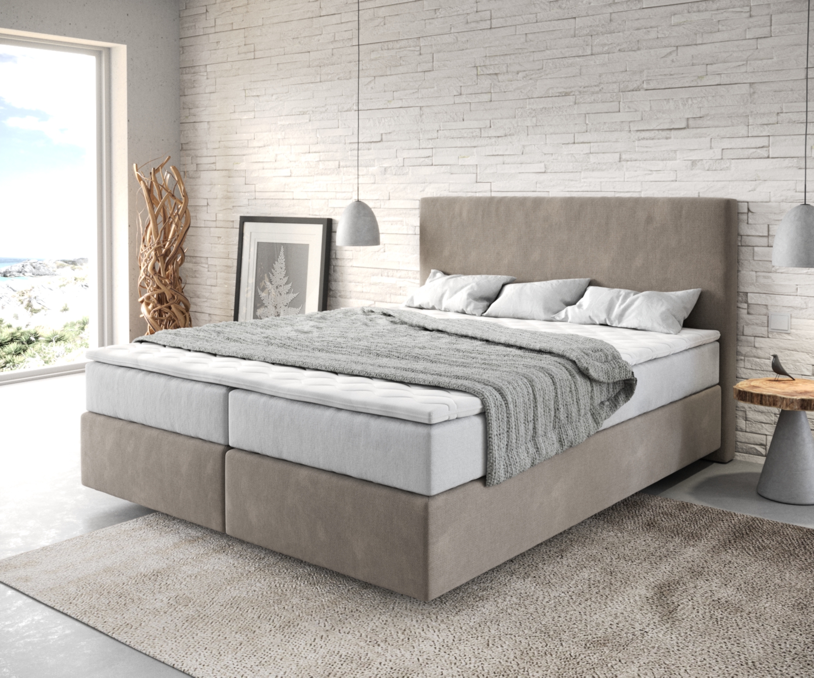 Boxspringbett Dream-Well 160x200 cm Mikrofaser Beige mit TFK Matratze und Visco Topper