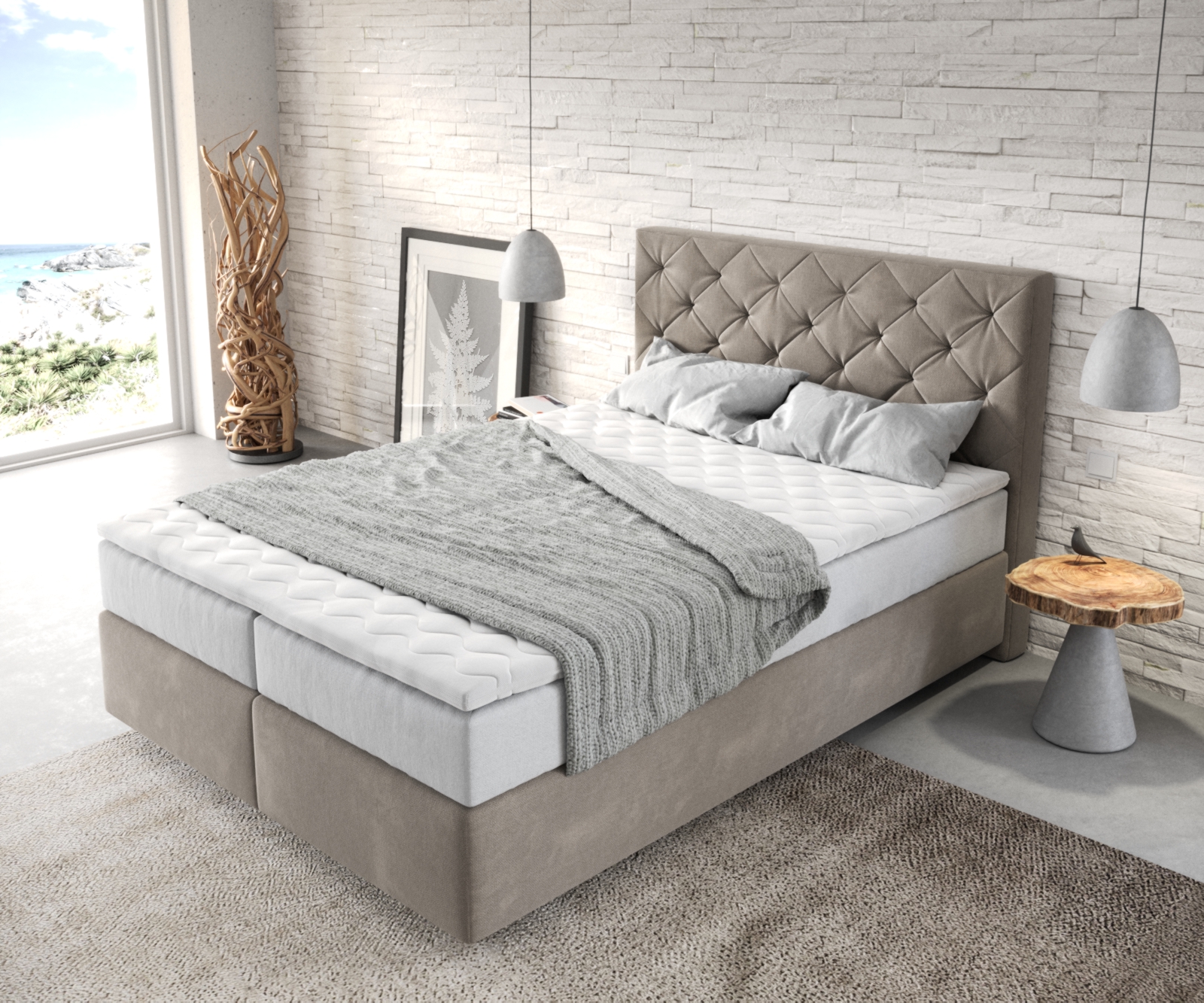 Boxspringbett Dream-Great 140x200 cm Mikrofaser Beige mit TFK Matratze und Visco  Topper