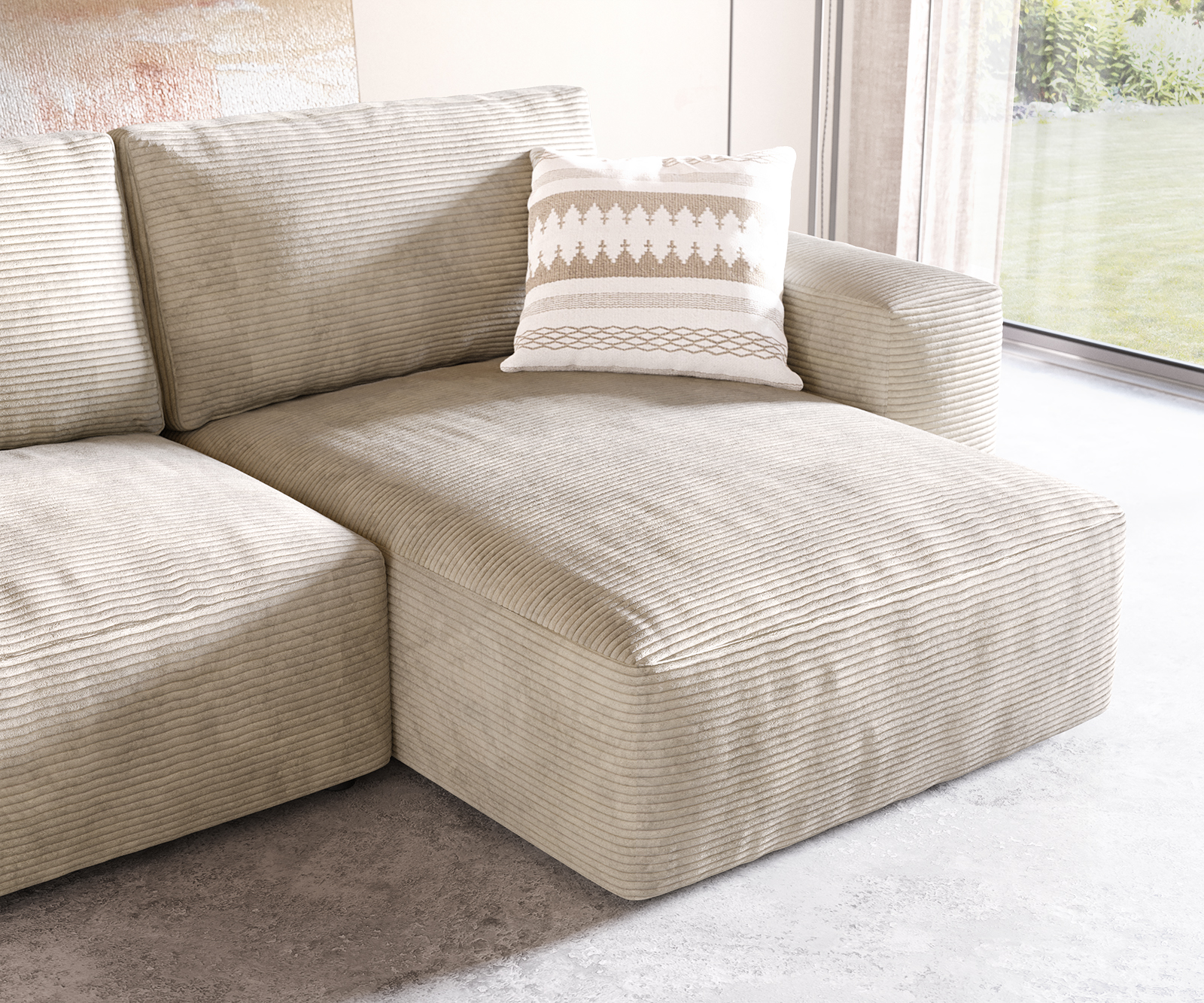 Eckcouch Lanzo L Cord Beige 260x160 cm Recamiere variabel mit Hocker