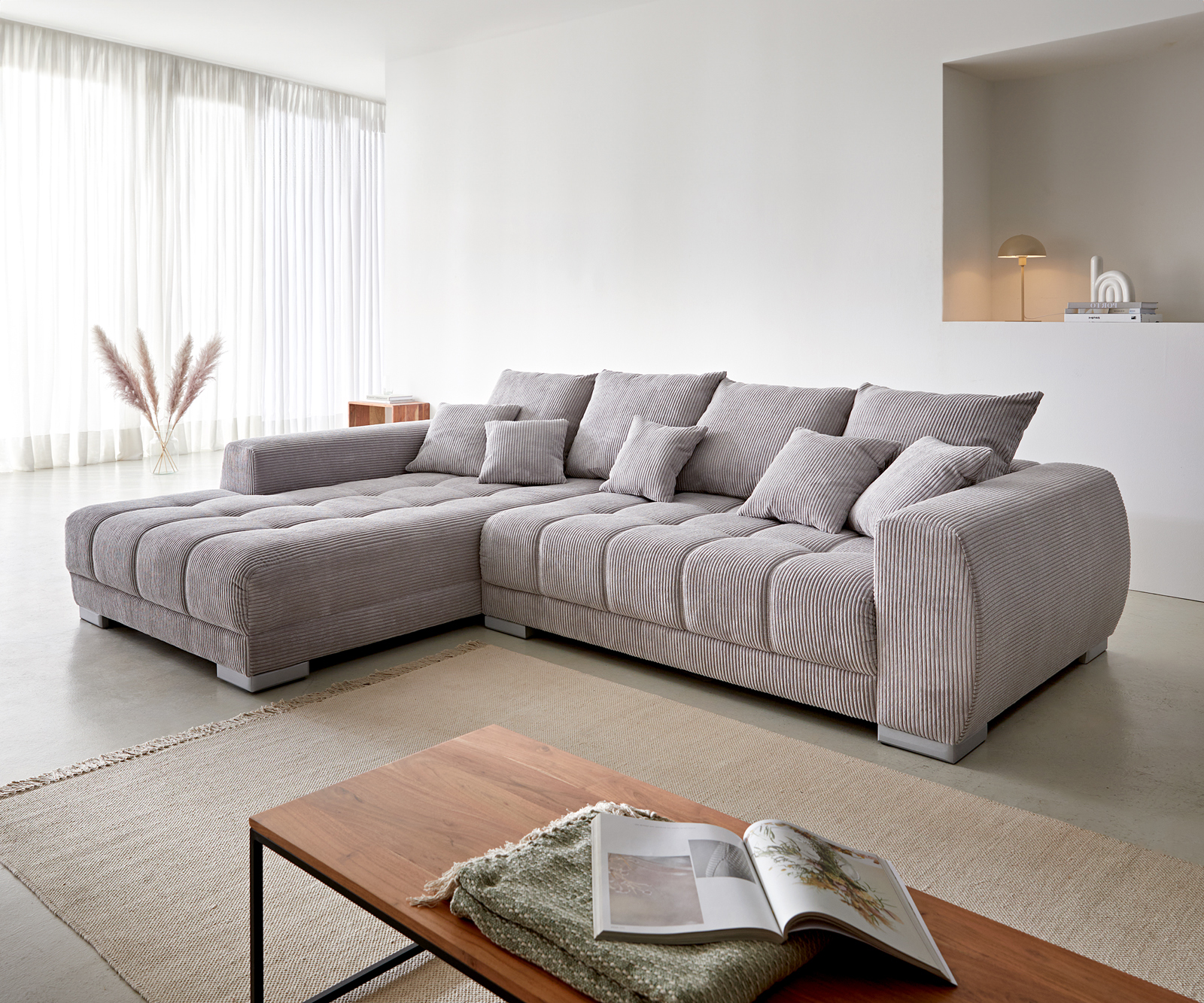 Ecksofa Josea 300x220 cm Cord Silbergrau Ottomane links