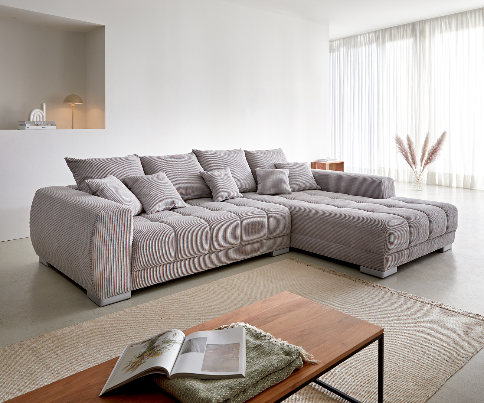 Ecksofa Josea 300x220 cm Cord Silbergrau Ottomane rechts