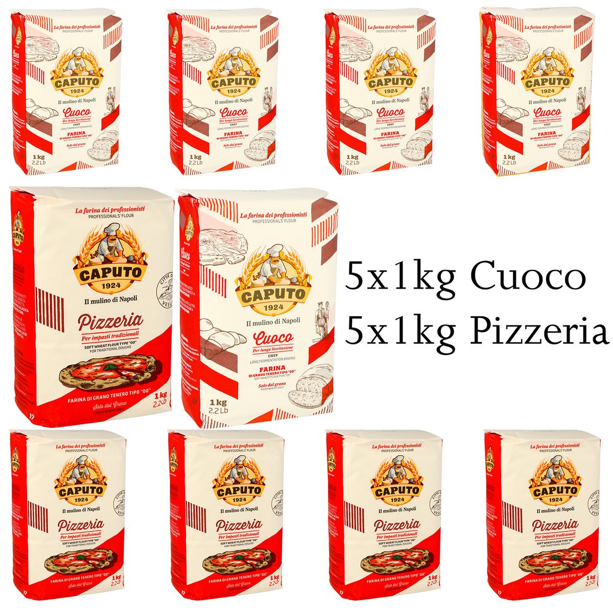 Pizzaset á 10kg mit Gratis MIGASE Teigkarte 5x1kg Caputo Cuoco 5x1kg Caputo Pizzeria
