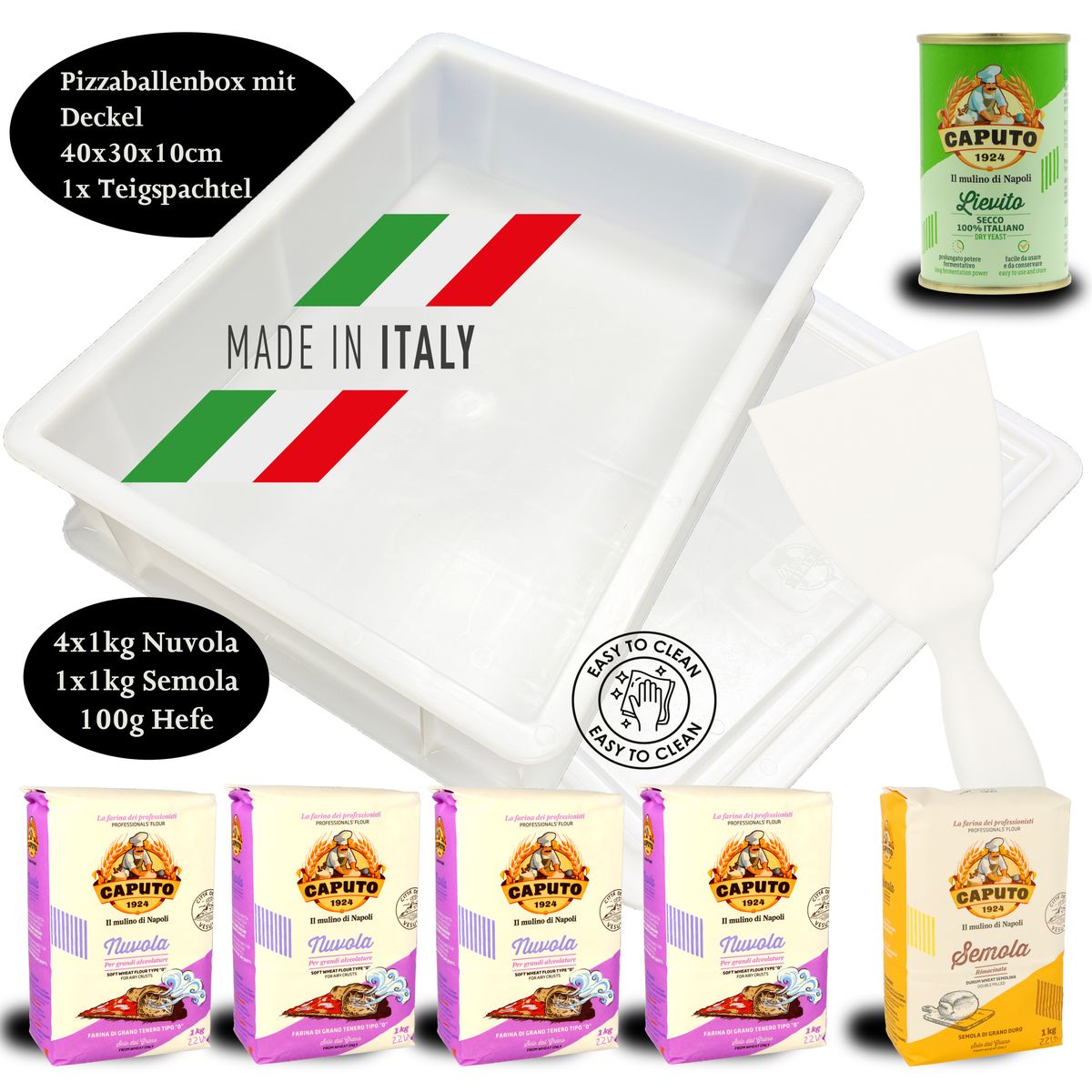 MIGASE Pizzaset Neapel 1x Pizzaballenbox mit Deckel (40x30x10cm), 4x1kg Caputo Nuvola, 1x1kg Caputo Semola, 1x Caputo Lievito