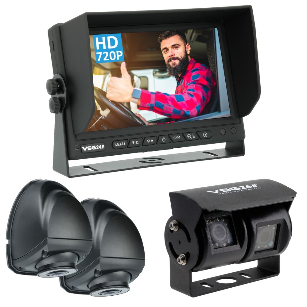 7 HD QUAD-Monitor RUNDUMBLICK Doppellinsen & Seitenkamera-Set 90°,120°  &150°