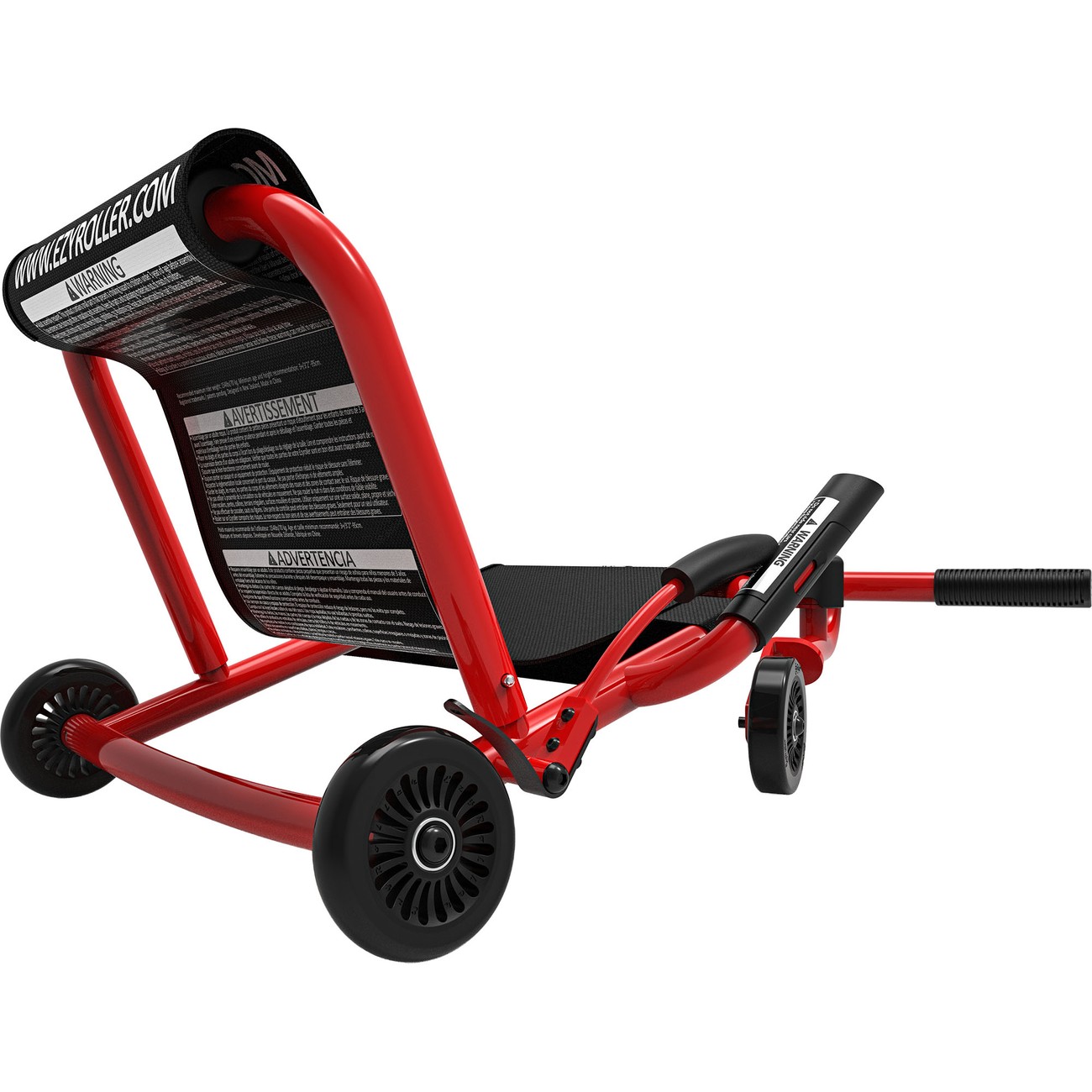 Frontansicht eines roten EzyRoller Classic als Drift Trike mit beweglichem Vorderrad für den Schlängelantrieb