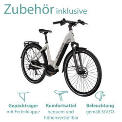 Zubehör inklusive: Das Elektrofahrrad wird mit Gepäckträger, Beleuchtung, Kettenschutz und Schutzblechen geliefert.