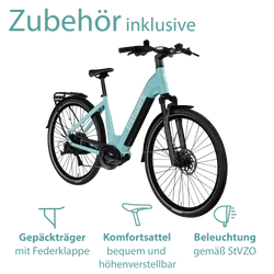Zubehör inklusive: Das Elektrofahrrad wird mit Gepäckträger, Beleuchtung, Kettenschutz und Schutzblechen geliefert.