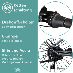 Die 8 Gang Shimano Acera Kettenschaltung ist leicht zu bedienen und zeichnet sich durch robuste Funktion und weiches Schalten aus.