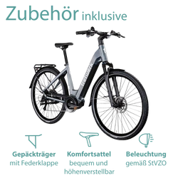 Zubehör inklusive: Das Elektrofahrrad wird mit Gepäckträger, Beleuchtung, Kettenschutz und Schutzblechen geliefert.