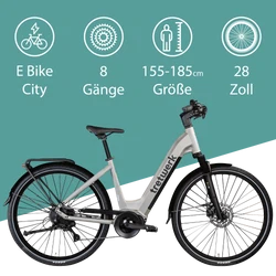 Tretwerk Amber grau Das 8 Gang City E Bike 28 Zoll kann von Personen mit einer Körpergröße zwischen 155 und 185 cm gefahren werden.