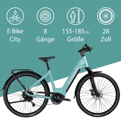 Tretwerk Amber hellgrün Das 8 Gang City E Bike 28 Zoll kann von Personen mit einer Körpergröße zwischen 155 und 185 cm gefahren werden.