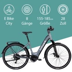 Tretwerk Amber anthrazit Das 8 Gang City E Bike 28 Zoll kann von Personen mit einer Körpergröße zwischen 155 und 185 cm gefahren werden.
