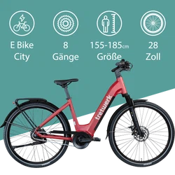 Wir empfehlen das City E Bike mit 28 Zoll Radgröße Personen mit einer Körpergröße zwischen 155 und 185 cm.