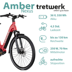 Mit seinem 550 Wh Akku erreicht das Pedelec Reichweiten von bis zu 130 km, angetrieben vom starken 70 Nm Mittelmotor.