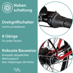 Die robuste 8 Gang Shimano Nexus Nabenschaltung des Fahrrads wird mit dem Drehgriffschalter bedient.