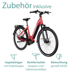 Zubehör inklusive: Das Elektrofahrrad wird mit Gepäckträger, Beleuchtung, Kettenschutz und Schutzblechen geliefert.