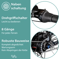Die robuste 8 Gang Shimano Nexus Nabenschaltung des Fahrrads wird mit dem Drehgriffschalter bedient.