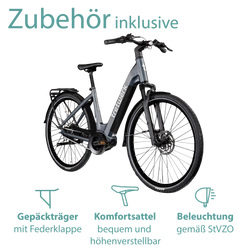 Zubehör inklusive: Das Elektrofahrrad wird mit Gepäckträger, Beleuchtung, Kettenschutz und Schutzblechen geliefert.