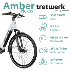Mit seinem 550 Wh Akku erreicht das Pedelec Reichweiten von bis zu 130 km, angetrieben vom starken 70 Nm Mittelmotor.