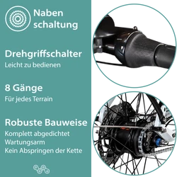 Die robuste 8 Gang Shimano Nexus Nabenschaltung des Fahrrads wird mit dem Drehgriffschalter bedient.