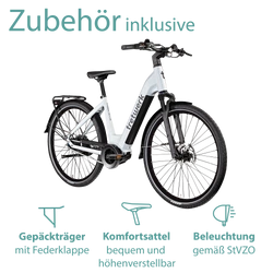 Zubehör inklusive: Das Elektrofahrrad wird mit Gepäckträger, Beleuchtung, Kettenschutz und Schutzblechen geliefert.