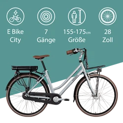 Das 7 Gang Elektrofahrrad mit tiefem Einstieg und 28 Zoll Rädern kann von 155 bis 175 cm großen Personen gefahren werden.