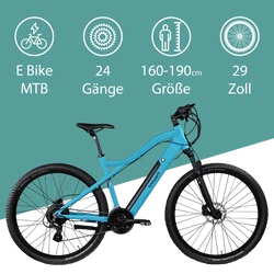Das 29 Zoll E Bike MTB hat 24 Gänge und kann von Personen mit 160 - 190 cm Körpergröße gefahren werden.