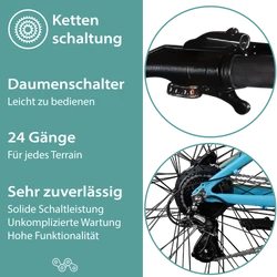 Die 24 Gang Kettenschaltung liefert solide Schaltleistung bei hoher Funktionalität, angewählt per Daumenschalter.