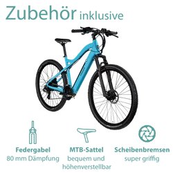 Das Pedelec ist mit 80 mm Federgabel, höhenverstellbarem MTB Sattel und sehr griffigen Scheibenbremsen ausgestattet.
