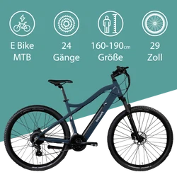 Das 29 Zoll E Bike MTB hat 24 Gänge und kann von Personen mit 160 - 190 cm Körpergröße gefahren werden.