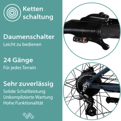 Die 24 Gang Kettenschaltung liefert solide Schaltleistung bei hoher Funktionalität, angewählt per Daumenschalter.