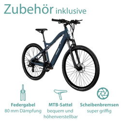Das Pedelec ist mit 80 mm Federgabel, höhenverstellbarem MTB Sattel und sehr griffigen Scheibenbremsen ausgestattet.