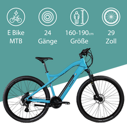 Tretwerk Commander Plus türkisblau Das 29 Zoll E Bike MTB hat 24 Gänge und kann von Personen mit 160 - 190 cm Körpergröße gefahren werden.