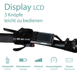 Tretwerk Commander Plus türkisblau Das Fahrrad Display ist einfach zu bedienen und bietet Überblick über Fahrlevel, Akkuladestand, Geschwindigkeit und Strecke.