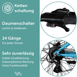 Tretwerk Commander Plus türkisblau Die 24 Gang Kettenschaltung liefert solide Schaltleistung bei hoher Funktionalität, angewählt per Daumenschalter.