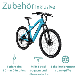Tretwerk Commander Plus türkisblau Das Pedelec ist mit 80 mm Federgabel, höhenverstellbarem MTB Sattel und sehr griffigen Scheibenbremsen ausgestattet.
