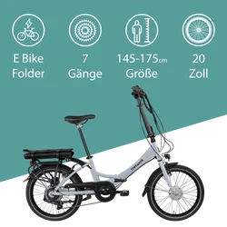 Wir empfehlen das 7 Gang E Bike Faltrad mit 20 Zoll Radgröße Personen mit 145 - 175 cm Körpergröße.