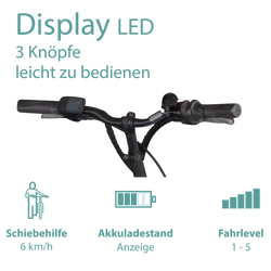 Mit 3 Knöpfen ist das LED Fahrrad Display einfach zu bedienen und gibt Übersicht über Akkuladestand und Fahrlevel.