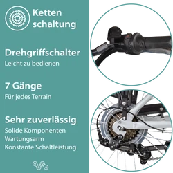 Die 7 Gang Kettenschaltung wird mit einem Drehgriffschalter bedient und liefert konstante Schaltleistung bei wenig Wartung.