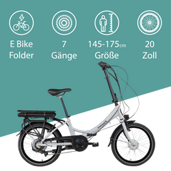 Tretwerk Chioni silber Wir empfehlen das 7 Gang E Bike Faltrad mit 20 Zoll Radgröße Personen mit 145 - 175 cm Körpergröße.