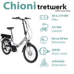 Tretwerk Chioni silber Das Pedelec erreicht dank 374 Wh Akku nach etwa 4,5 Stunden Ladezeit eine Reichweite bis zu 90 Kilometern.
