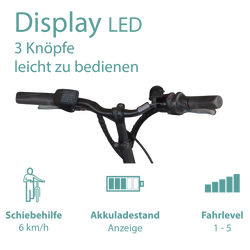 Tretwerk Chioni silber Mit 3 Knöpfen ist das LED Fahrrad Display einfach zu bedienen und gibt Übersicht über Akkuladestand und Fahrlevel.