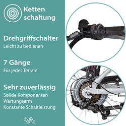 Tretwerk Chioni silber Die 7 Gang Kettenschaltung wird mit einem Drehgriffschalter bedient und liefert konstante Schaltleistung bei wenig Wartung.