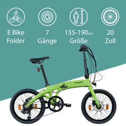 Das Elektroklapprad mit 7 Gängen in 20 Zoll Größe eignet sich für Personen mit einer Körpergröße zwischen 155 und 190 cm.