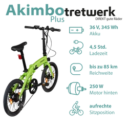 Bis zu 85 Kilometer erreicht das Pedelec mit 345 Wh Akku und Radnabenmotor hinten. Gefahren wird in aufrechter Sitzposition.