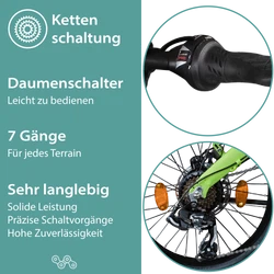 Die langlebige 7 Gang Kettenschaltung liefert präzise Schaltvorgänge bei hoher Zuverlässigkeit und Langlebigkeit.