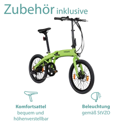 Das Elektro Faltrad wird mit verkehrssicherer Beleuchtung nach StVZO geliefert.