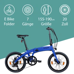 Das Elektroklapprad mit 7 Gängen in 20 Zoll Größe eignet sich für Personen mit einer Körpergröße zwischen 155 und 190 cm.