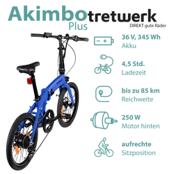Bis zu 85 Kilometer erreicht das Pedelec mit 345 Wh Akku und Radnabenmotor hinten. Gefahren wird in aufrechter Sitzposition.