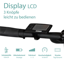 Das LC Display ist mit 3 Knöpfen leicht zu bedienen und bietet Übersicht über Akkuladestand, Fahrlevel, Geschwindigkeit und Strecke.